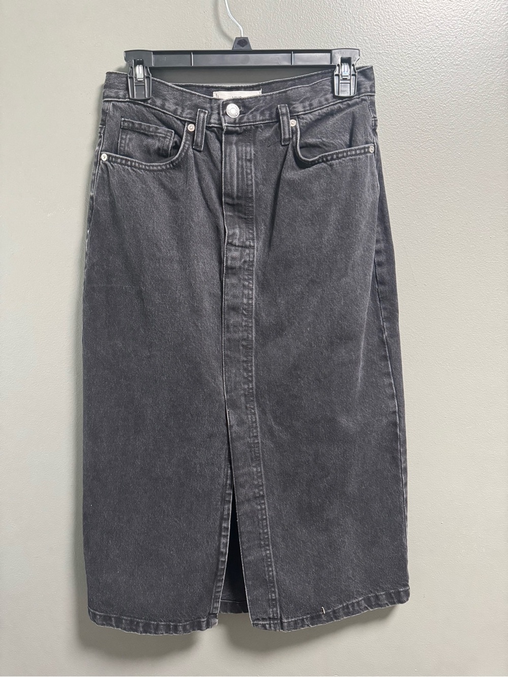 MNG by Mango Black Washed Denim Midi Skirt with Front Vent S